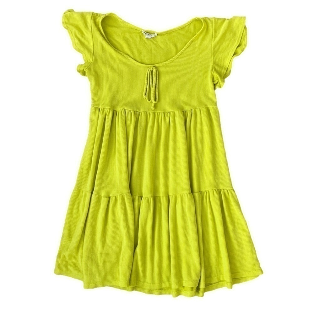 See You Monday Bright Green Ribbed Tiered Ruffle Sleeve Mini Dress, S